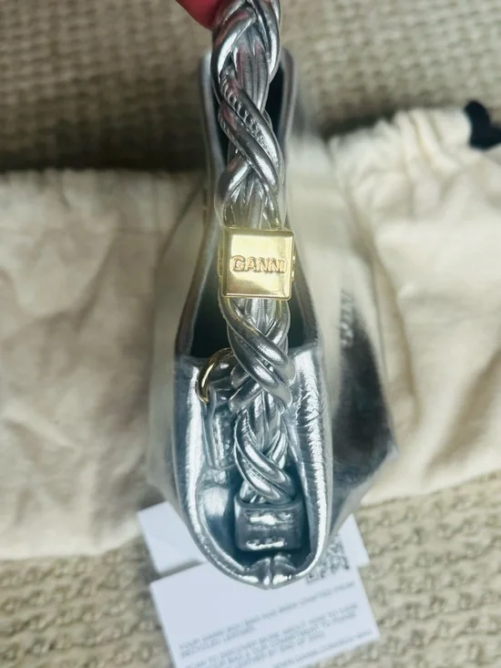 NWT GANNI Bou Mini Bag Silver Metallic Leather Top Handle Logo Bag Purse - Picture 7 of 7